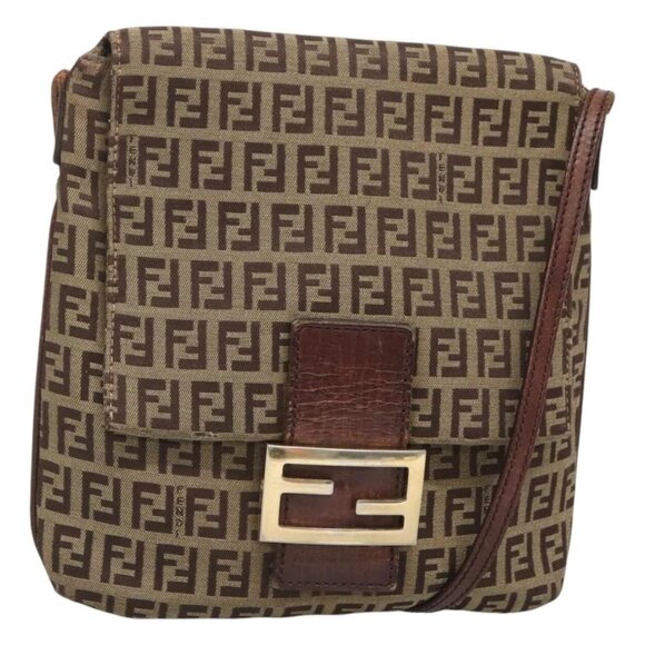 FENDI Zucchino Canvas Shoulder Bag Brown Gold Auth 124351 - Picture 1 of 16
